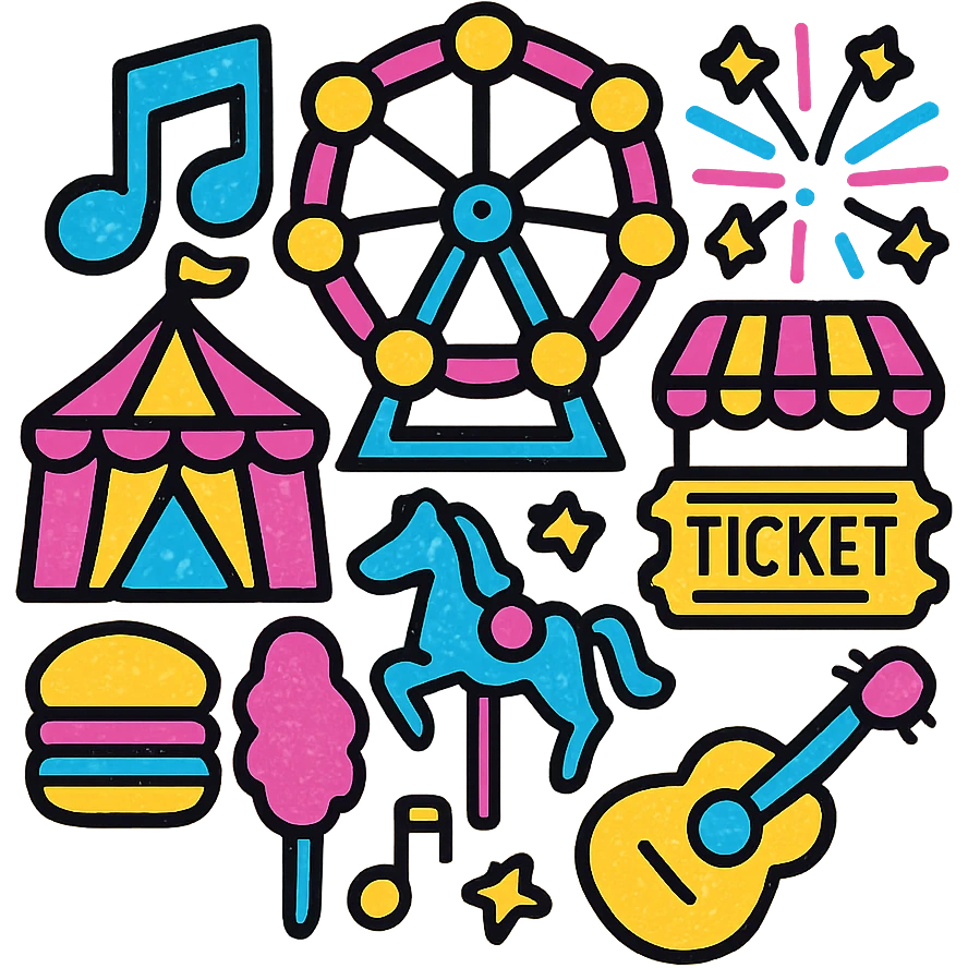 A festival scene with a variety of colorful and vibrant icons representing different activities and attractions emoji