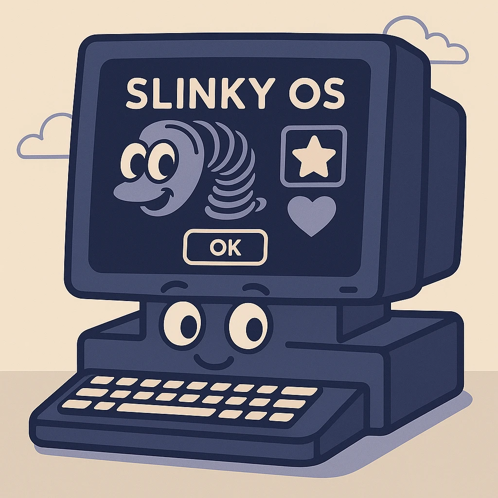 Depict a retro computer with the Slinky OS interface in dark mode, preserving a cartoon style that is fun and colorful. emoji