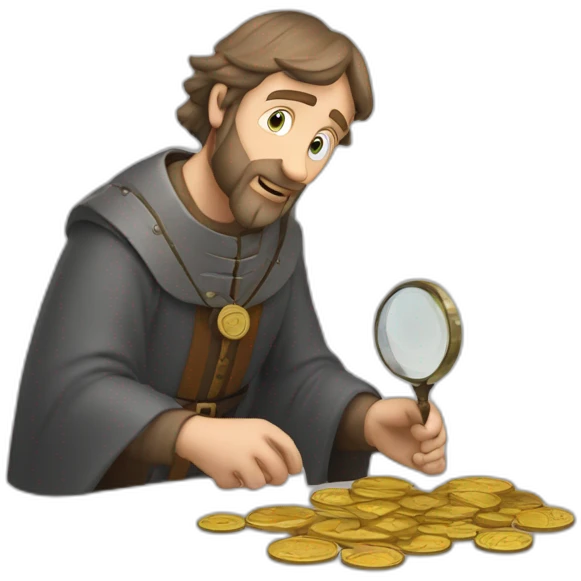 medieval coin collector, looking at a coin with a magnifying lense emoji