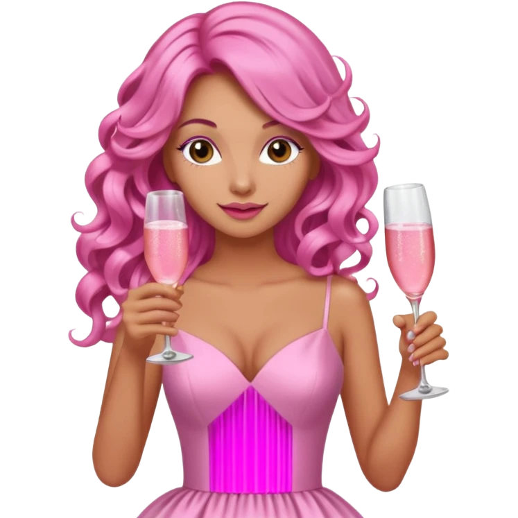 One lady with long pink curled hair and tan skin holding a glass of  pink champagne in each hand emoji