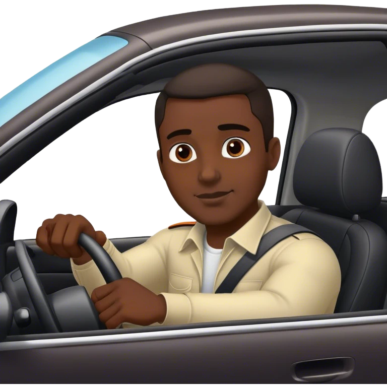 A dark-skinned man is sitting in a car and performing a shoulder check while driving. emoji