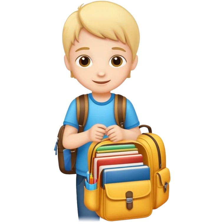 child packing a school bag with books and supplies, cheerful and organized emoji