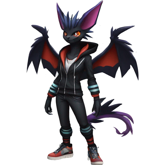 Cool Anthro Black Noivern-Absol-Litten-Pokémon with edgy stripes hoodie spiked collar punk Full Body emoji