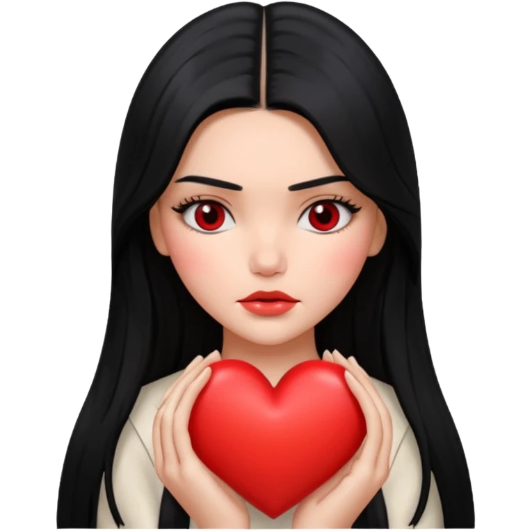 A Kendall Jenner with long black hair is sad and holds a red heart in her hands emoji