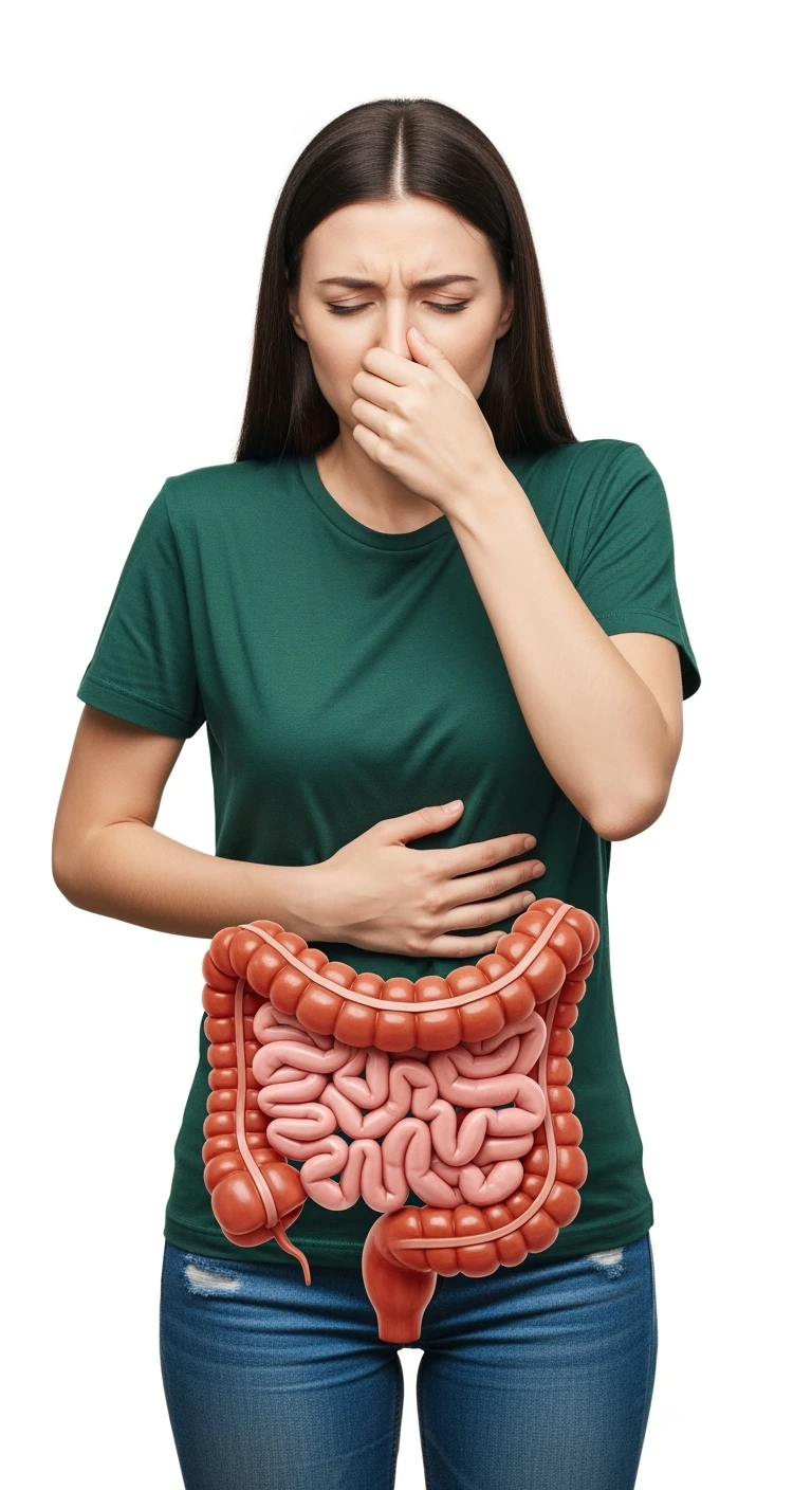 DONNA CHE SI TIENE LA PANCIA CON LA MANO E SI TAPPA IL NASO PER LA PUZZA, INTESTINO UMANO ANATOMICO IN EVIDENZA, ISOLATA SU SFONDO BIANCO emoji