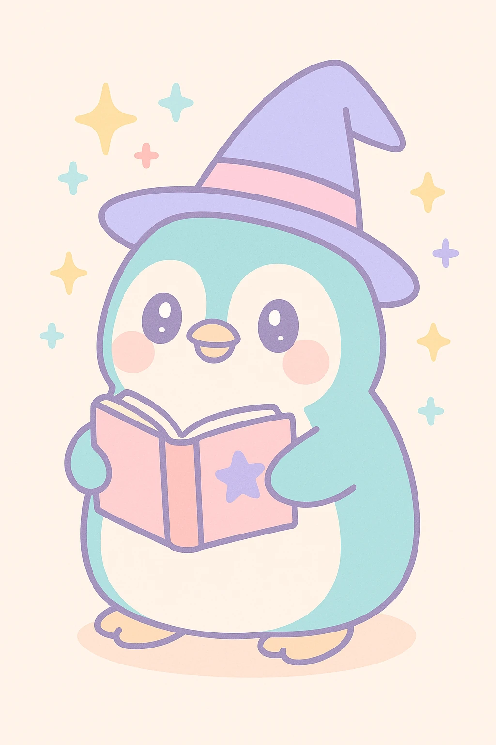 a chubby penguin with a wizard hat, magical sparkles around, and a book of spells emoji
