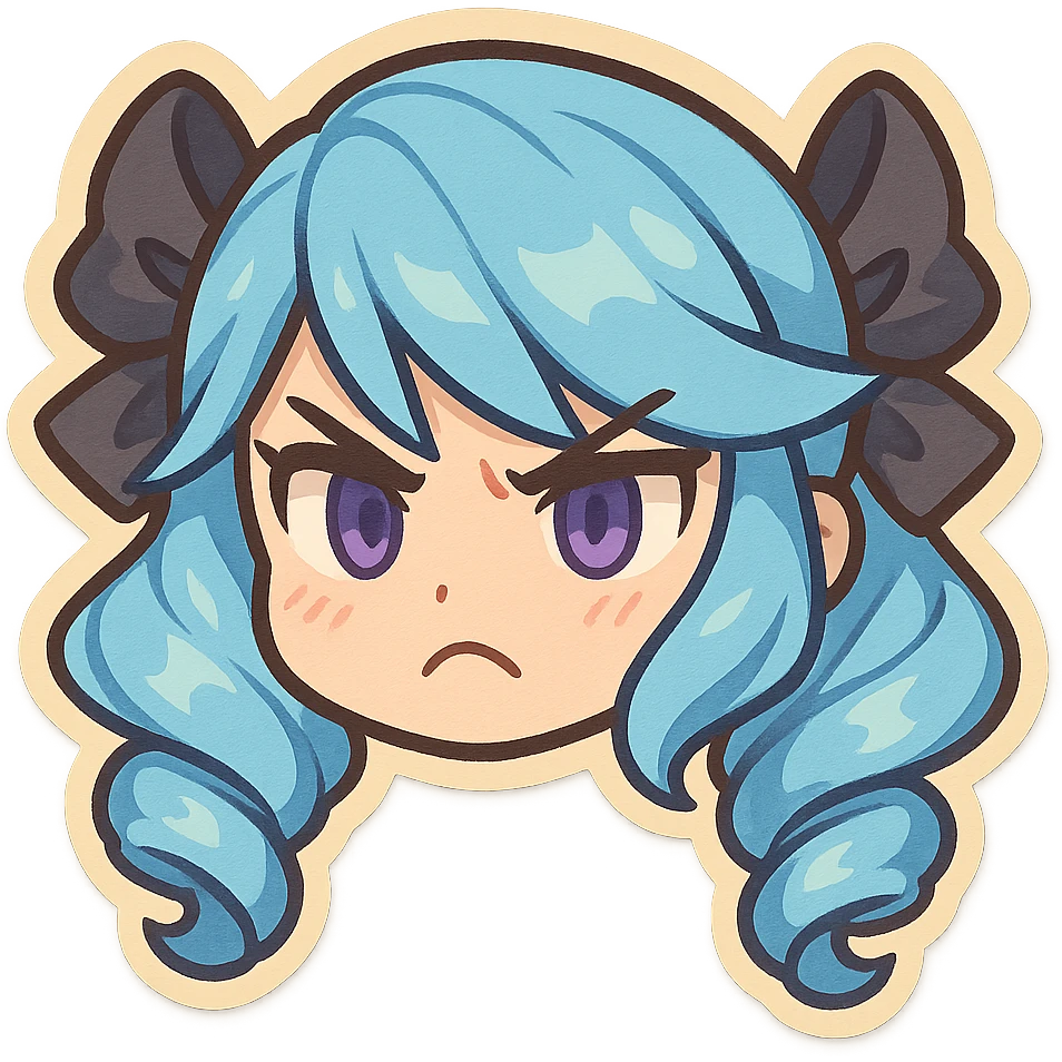 Gwen from League of Legends, chibi style, just the head, right eye purple, angry expression emoji
