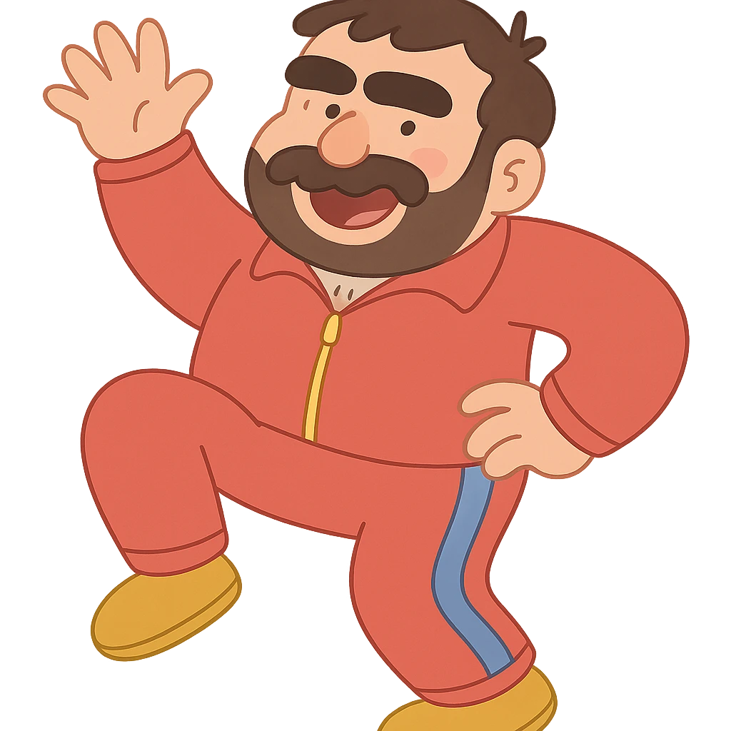 Recep İvedik, Turkish comedy character, bushy eyebrows, thick mustache, red tracksuit, in a silly pose, pastel toon style emoji