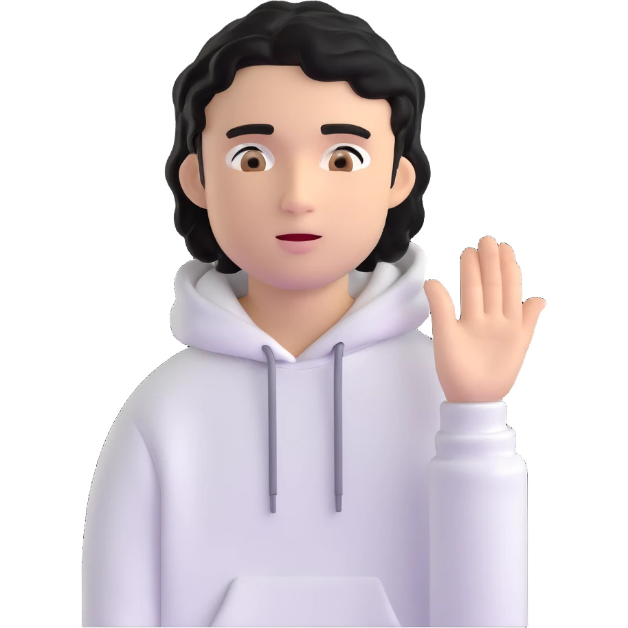handsome young man with wavy black hair, black eyes, no beard or mustache, wearing a white hoodie, 3D emoji style emoji