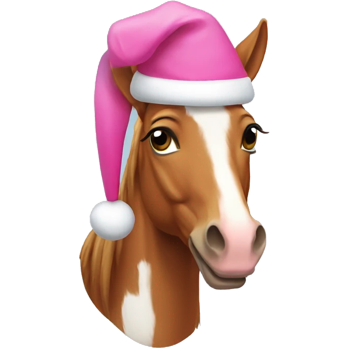 Chestnut horse wearing a pink christmas hat emoji