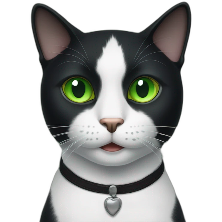 A black cat with green eyes with a white mustache, a white stripe on its nose, a full-length white breast and white paws emoji