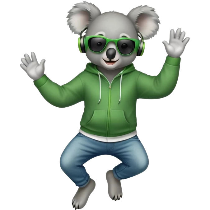 anthropomorphised koala, full body, wearing a hoodie and jeans, dark sunglasses, headphones, dressed for St. Patrick's Day, jumping in a different pose emoji