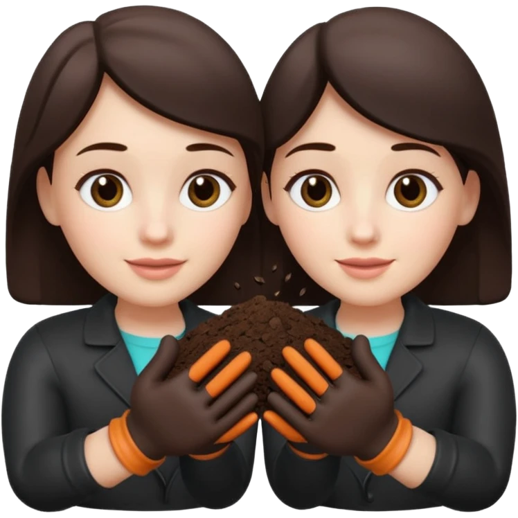 A 3D cartoon pair of gloved hands holding rich dark soil, small bits falling between fingers, bright garden background, soft light, Memoji-style realism. emoji