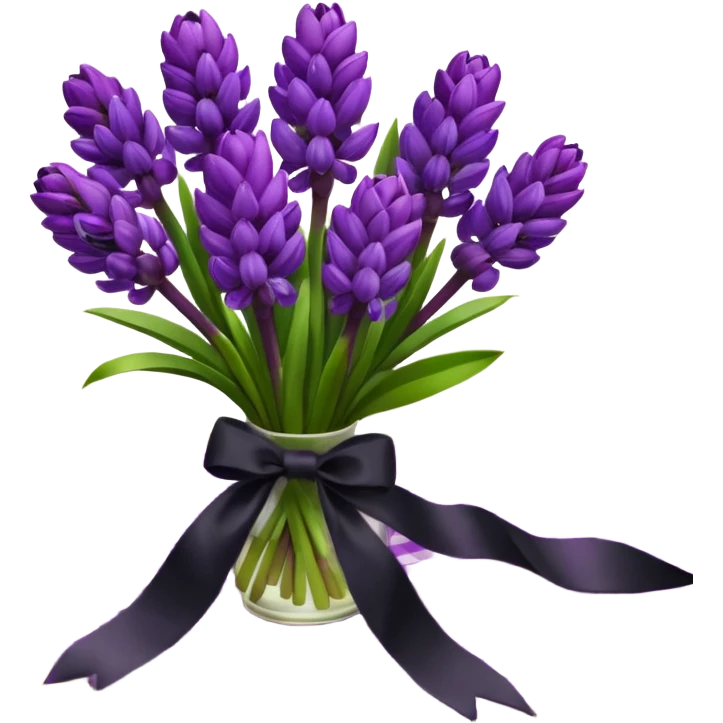 A lush bouquet of bright prple color Hyacinths black satin ribbon, resting on an antique wooden table, with a pale yellow and pink plaid pattern table cloth emoji