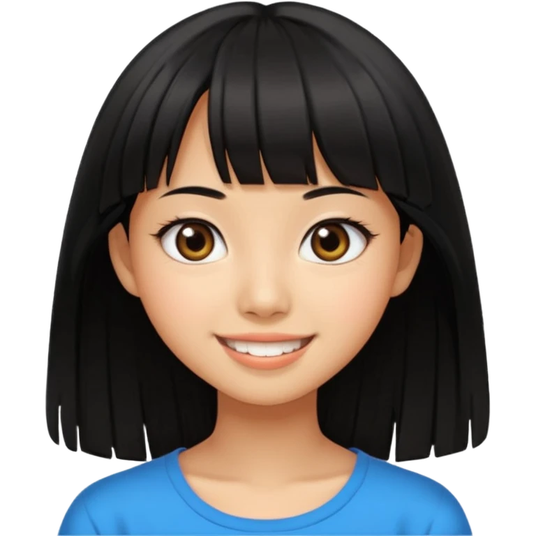 20 yr old asian woman hair  center part big eyes big smile tanned skin straight black hair center part hair long bangs emoji