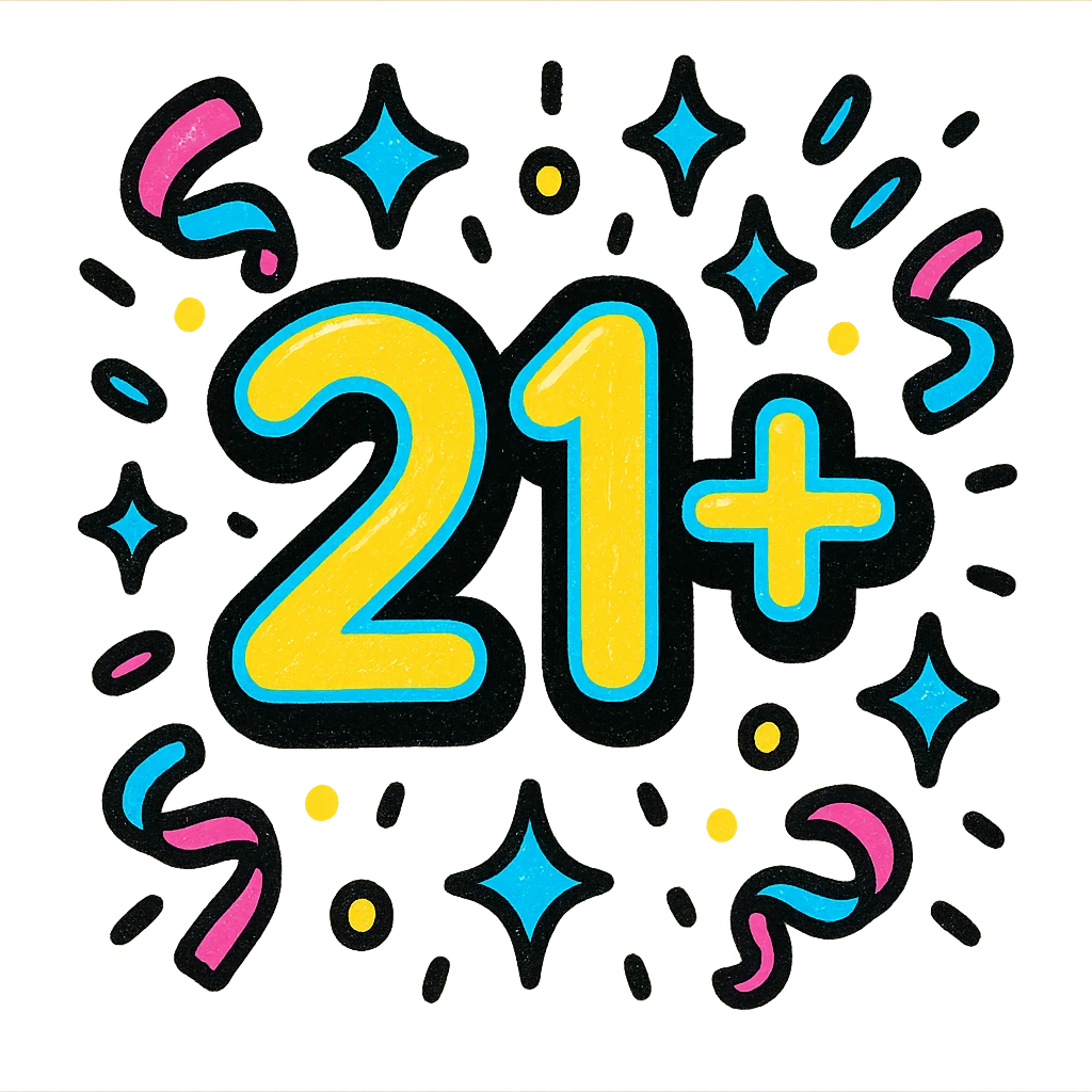 neon-style '21+' sign with confetti and sparkles, pop colors style emoji