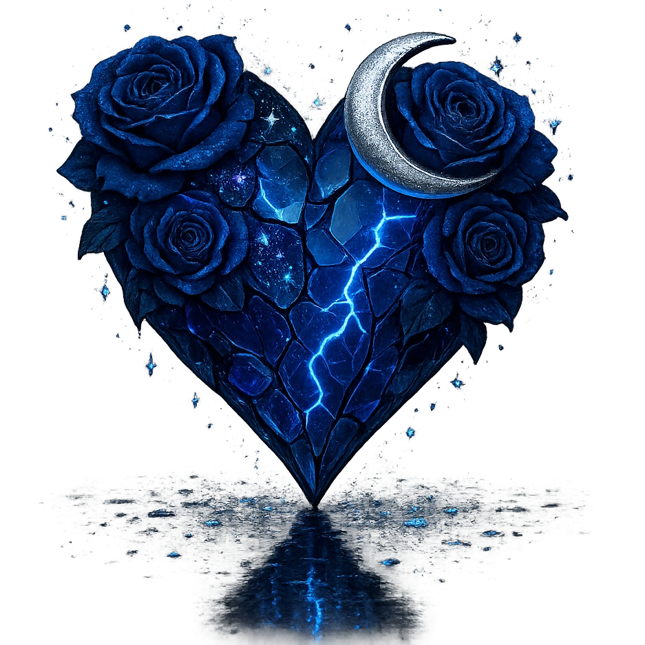 gothic heart formed from splintered deep blue glass, embellished with a silver crescent moon, midnight blue roses, sparkling holographic stardust, neon lightning, wet reflective surface emoji