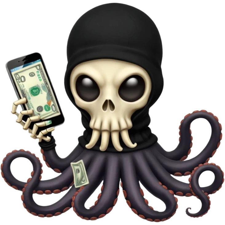 satanic octopus skeleton with scary evil eyes, wearing a black balaclava. 1 tentacle is holding a cellphone, 1 tentacle is holding a bone, 1 tentacle is holding a stack of cash. emoji