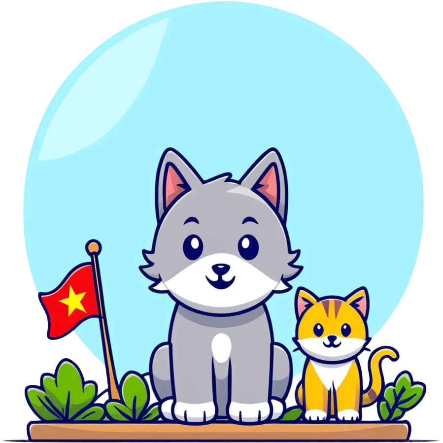 cat, dog, wolf, Vietnam flag, tree, elephant, and a glass all together in cartoonish sticker style emoji