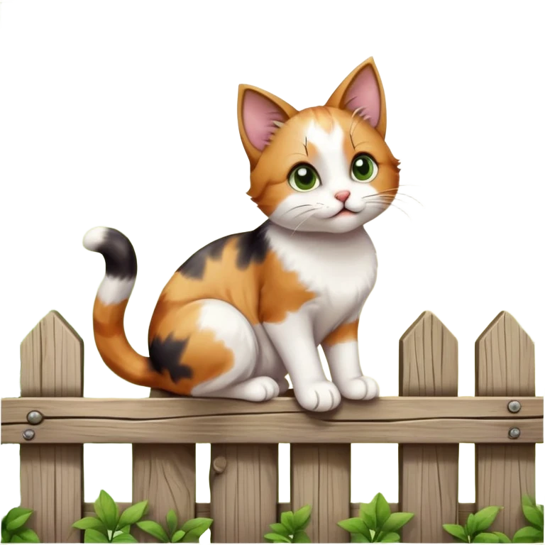 A playful cat sitting on a wooden fence, tail swishing, ears perked up, with a curious expression, surrounded by soft sunlight and a few green leaves in the background. emoji