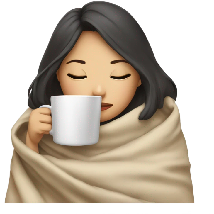 asian girl inside a blanket sipping coffee eyes closed emoji