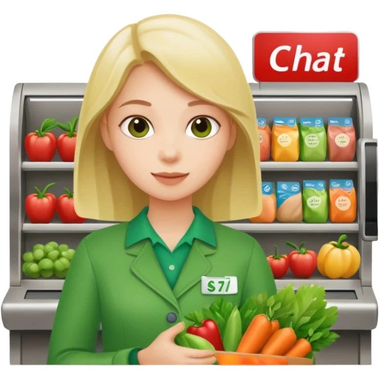 Eine Person die an der Supermarktkasse steht. Die Kasse ist gekennzeichnet als "Plauderkasse" und im grünen Design. emoji