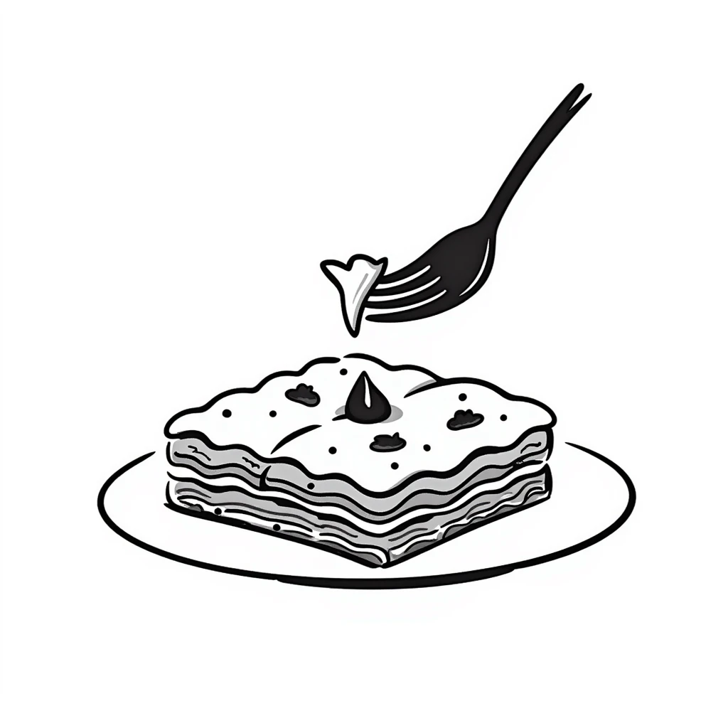 A hand-drawn plate of lasagna with a fork taking a bite, showing the layers emoji