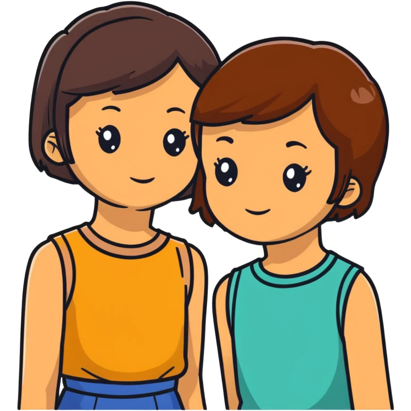 dos chicas, una con pelo corto desmechado en capas hasta la barbilla, castaña, piel morena; la otra con pelo lacio hasta el hombro, castaña, piel morena emoji