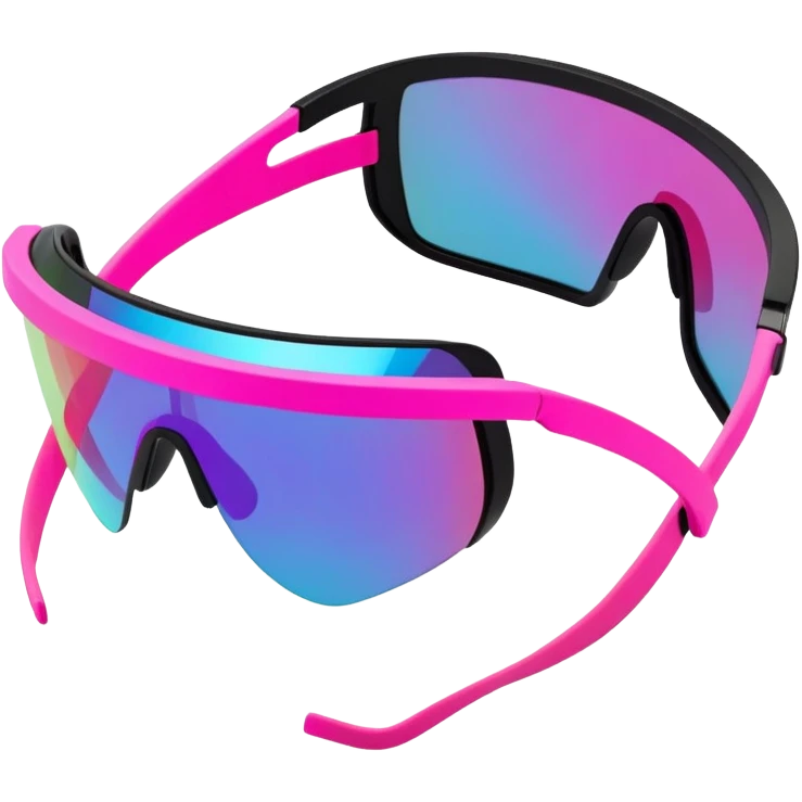 sporty neon pink shield visor sunglasses with thick black frame and integrated elastic strap, oversized one-piece mirrored lens, extremely durable design emoji