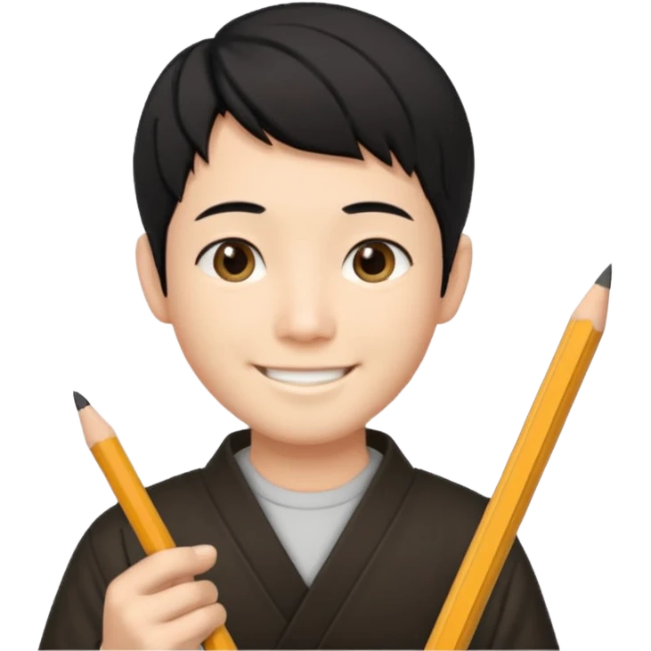 A Japanese male character with short hair, smiling, holding a pencil in his hand. emoji