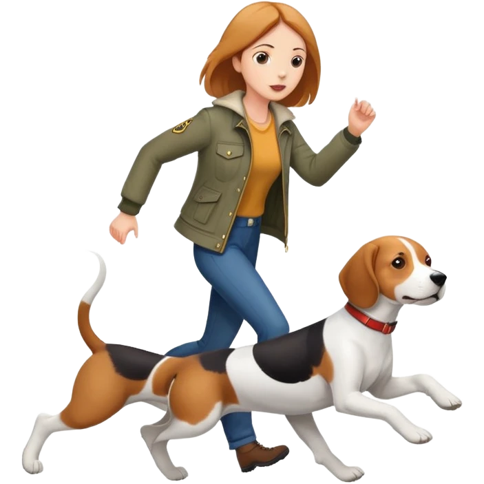 A beautiful tall girl with fair skin wearing a jacket chasing a beagle emoji