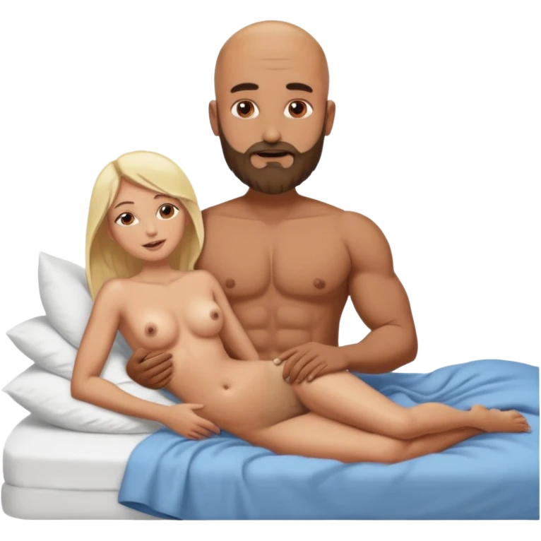 Fully Naked Indian bald man with a beard in bed holding vagina of naked blonde fit woman emoji