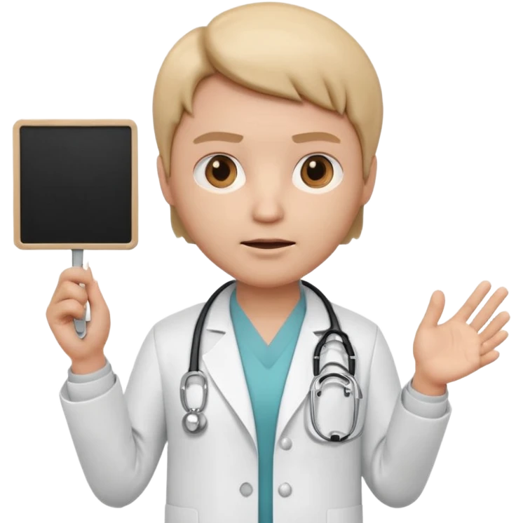3D memoji doctor holding a small blank white sign in one hand (no text on sign), serious warning facial expression, medical coat, stethoscope, centered composition, PNG, transparent background emoji