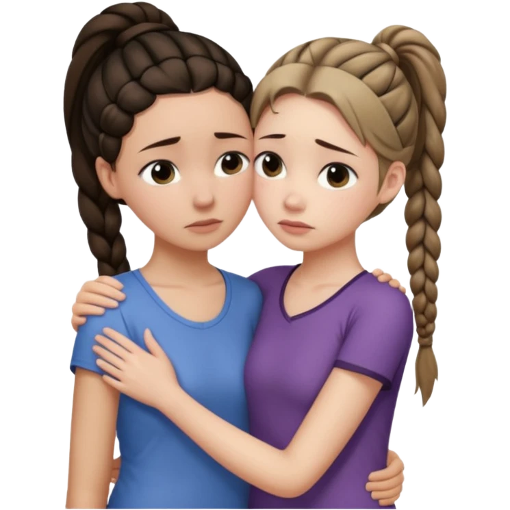Comforting Hug two white skin women, one shorter woman with medium brown simple top ponytail, not braided, and one taller skinny sad face woman with a single long black side braid emoji