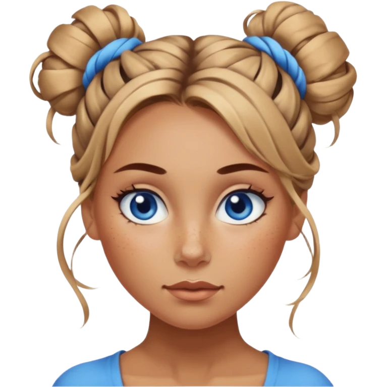 Attractive Woman with tan skin, blue eyes, wide face, freckles, and twisted messy bun emoji