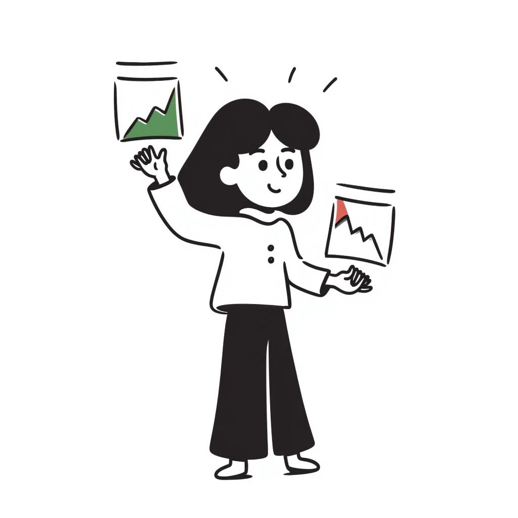 Girl holding chart with rising green graph line in right hand and holding another chart with falling red graph line in left hand emoji