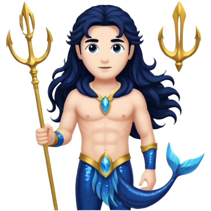 Neptune, God of the Sea from Gods and Goddesses with long black hair, dark blue sequin outfit emoji