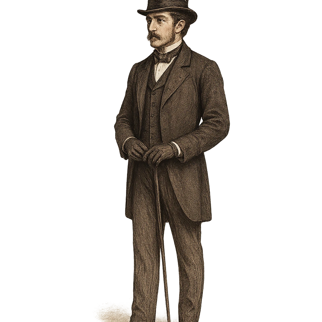 19th century gentleman standing, top hat, formal suit, gloves, dignified posture, full body, no background, unique visual style emoji