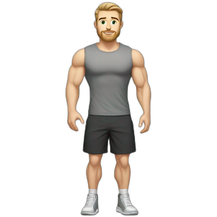 Full height Pale skinned fit man With biceps, Realistic eyes and mouth, light brown hair and stubble In dark gray sleeveless mike, black oversize sports shorts, watch and white sneakers. emoji