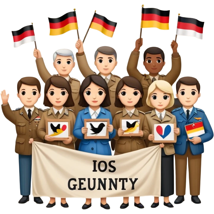 people holding protest signs, Berlin Wall in the background, peace dove, East and West Germany flags, 1950s and 60s emoji