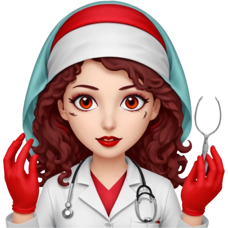 Lilith scalpel in hand, evil surgeon outfit.  She has red eyes. She has dark brown curly hair. Hair is long . Wears sexy doctor outfit with red gloves. Covers nose, neck and mouth with Muslims  emoji