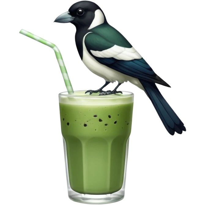 It’s an Australien Magpie sitting on an iced matcha latte on the edge of the glass. It has green matcha on its beak indicating it drank. The iced matxha latte is in a see through glass and white from the oat milk on the bottom and green on top…and there is a straw in the drink and ice cubes emoji