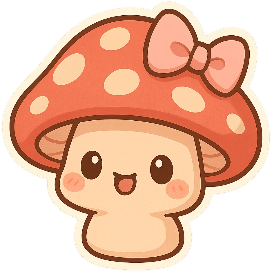 chibi sticker-style mushroom with a bow, cute and exaggerated emoji