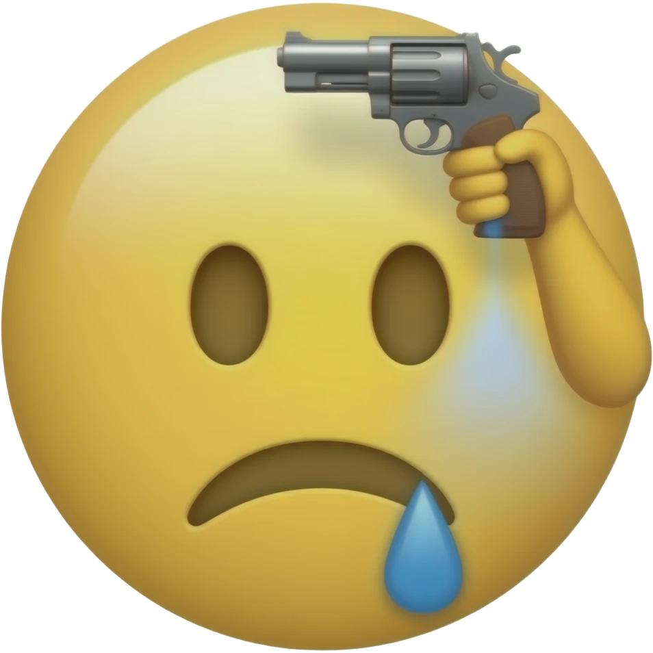 Put a gun suicide on his head  Make a tired emoji circle face and no body make him hav yellow skin and make an google style tired make him do suicide emoji