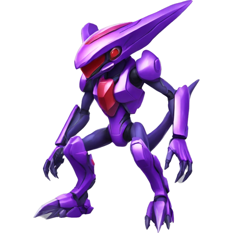 a shiny purple-red Genesect-Raptor-Fakémon—hybrid with a futuristic visor-helmet full body emoji