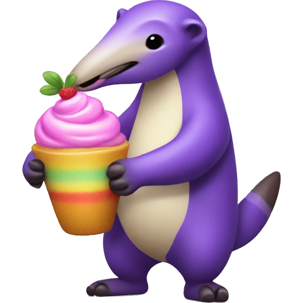 Full body Purple anteater holding a rainbow parfait emoji