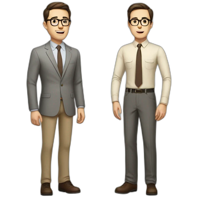 Full height Actively gesturing with hands Pale skinned fit man with dark brown hair in gray jacket, beige office shirt, brown tie, brown pants and vintage glasses. emoji