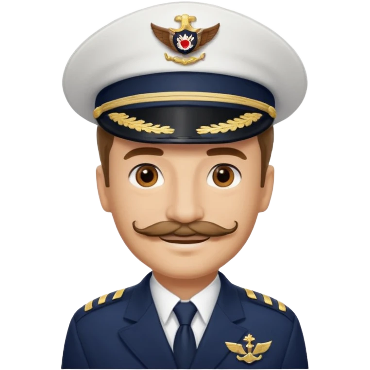 A light-skinned man with brown eyes and a mustache, smiling while wearing a white captain’s hat with a navy emblem. emoji