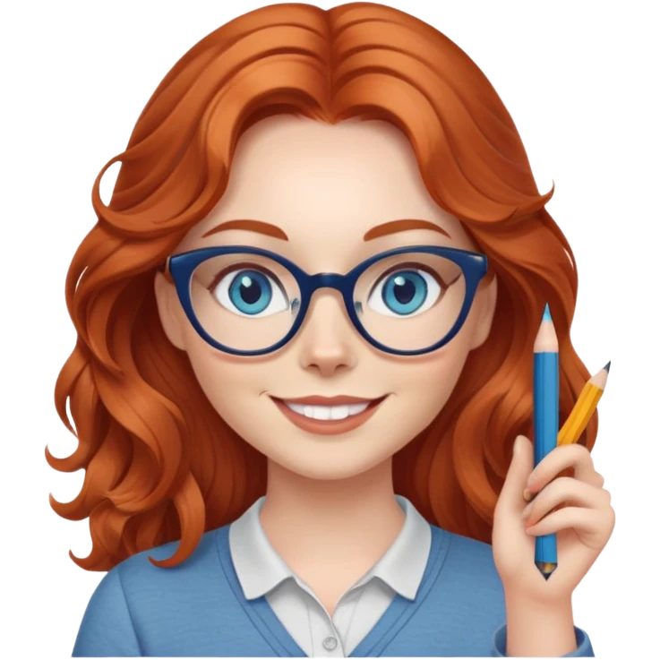 redheaded woman with long wavy hair, blue eyes, cat-eye glasses, casual outfit, holding a pencil, smiling, waving emoji