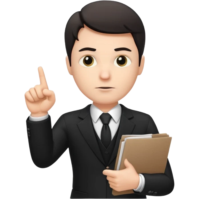 A white man in a black suit stands with a serious face and points at his hand holding papers. emoji